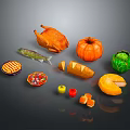 Assorted Fresh Food Items Including Roast Chicken Fish Pumpkin Cabbage Pie And Cheese