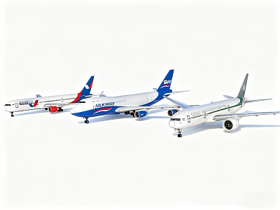 Passenger Plane Models From Different Airlines With Blue And White Livery Displayed In Row 3d model