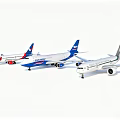 Passenger Plane Models From Different Airlines With Blue And White Livery Displayed In Row