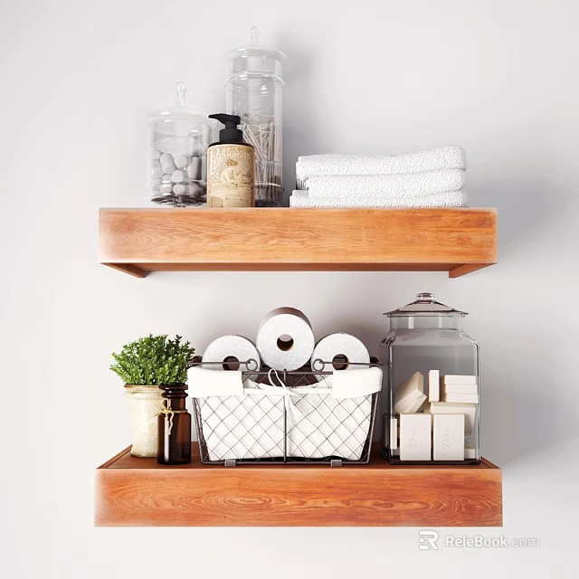 Elegant Bathtub Space With Wooden Shelves Towels Toilet Paper Rolls And Green Plant 3d model 