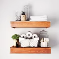 Elegant Bathtub Space With Wooden Shelves Towels Toilet Paper Rolls And Green Plant