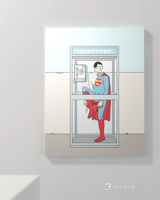 Superman Changing Costume Inside Classic Telephone Booth Illustration 3d model 