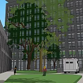 Modern Multi Storey Building With Glass Facade Green Roof Curved Base And Surrounding Urban Greenery