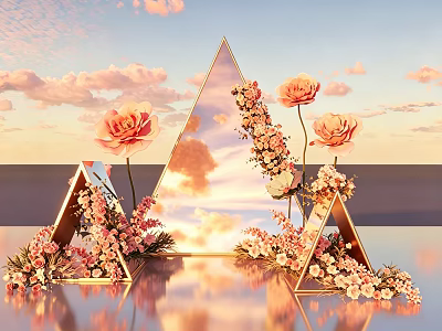Photo Spot With Golden Triangle Frames Pink Orange Flowers Sky Clouds And Reflective Ground 3d model