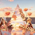 Photo Spot With Golden Triangle Frames Pink Orange Flowers Sky Clouds And Reflective Ground