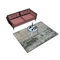 Pink Tufted Two Seater Sofa with Light Blue Coffee Table and Decorations on Patterned Rug 3d model