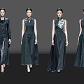 Women in elegant black cheongsam walking on fashion runway with exquisite patterns