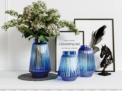 Elegant Decorative Ornament Set With Blue Vases White Flower Bouquet Picture Frame And Horse Figurine 3d model