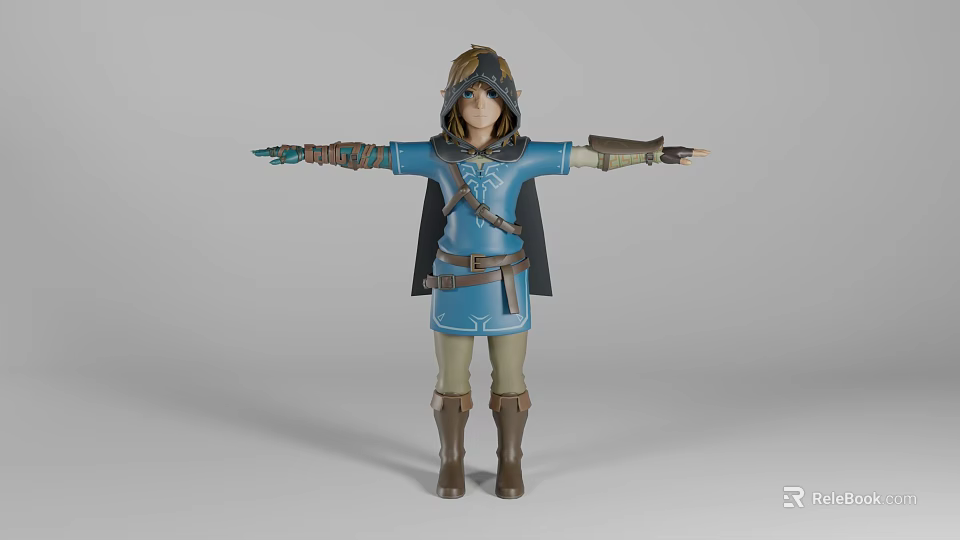 Animated Game Character In Blue Outfit With Cloak Belt Boots And Arms Outstretched 3d model 