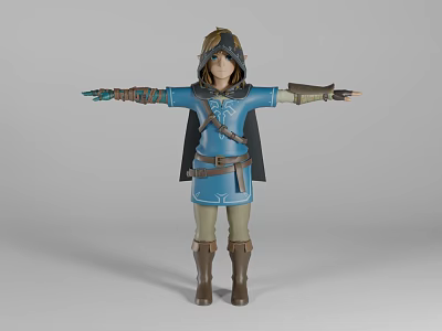 Animated Game Character In Blue Outfit With Cloak Belt Boots And Arms Outstretched 3d model