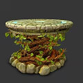 Round Stone Texture Dining Table With Blue Circular Center And Vines Stone Base 3d model