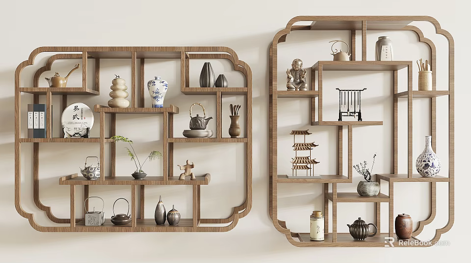 Traditional Wooden Chinese Antique Shelf With Vintage Teapots Ceramic Vases Figurines And Small Potted Plants 3d model 