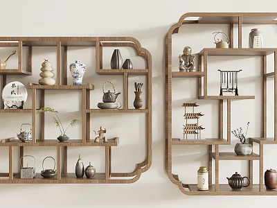 Traditional Wooden Chinese Antique Shelf With Vintage Teapots Ceramic Vases Figurines And Small Potted Plants 3d model