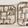 Traditional Wooden Chinese Antique Shelf With Vintage Teapots Ceramic Vases Figurines And Small Potted Plants