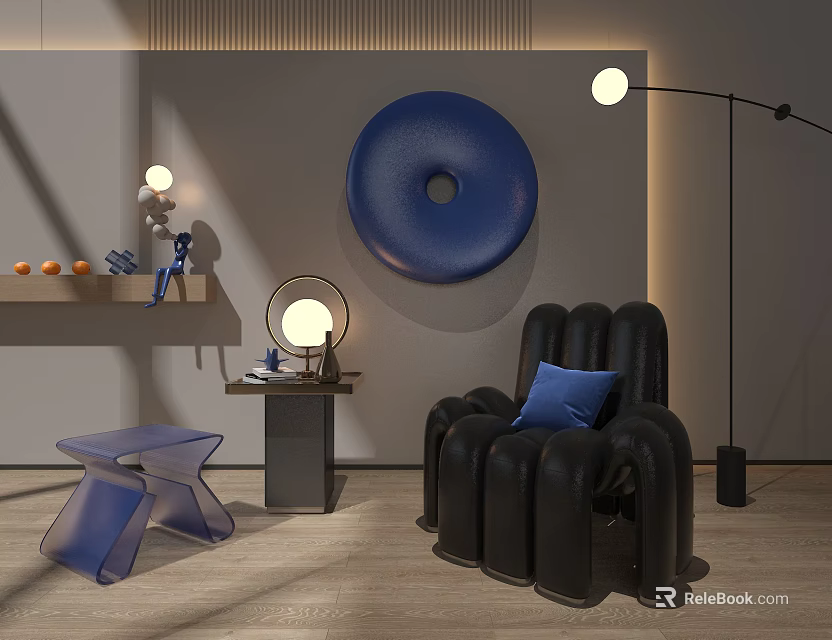 Black Leather Single Sofa With Blue Pillow And Circular Decor In Modern Living Room Interior 3d model 