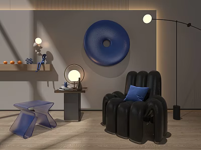Black Leather Single Sofa With Blue Pillow And Circular Decor In Modern Living Room Interior 3d model