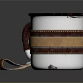 White Enamel Mug With Brown Leather Handle And Metal Rivet Detail