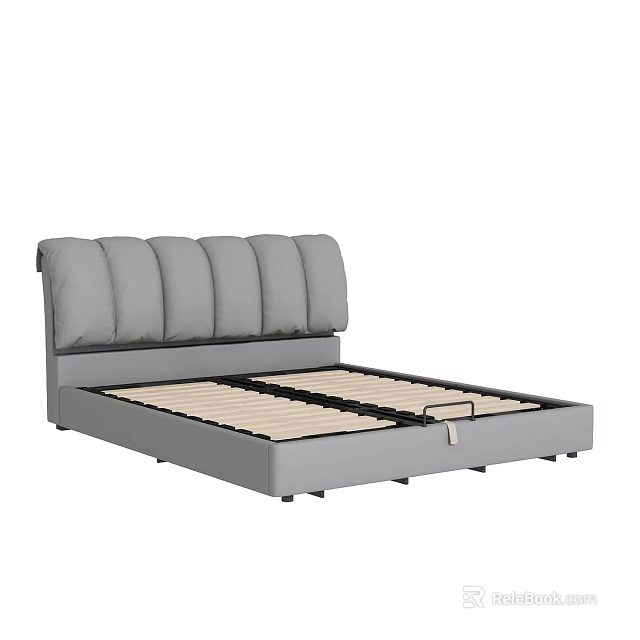 Gray Upholstered Double Bed with Padded Headboard and Wooden Slat Base 3d model 