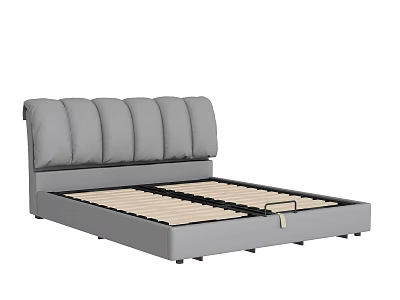 Gray Upholstered Double Bed with Padded Headboard and Wooden Slat Base 3d model