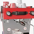 Professional Red Coffee Machine Kitchen Appliance With Stacked Striped Cups And White Cup