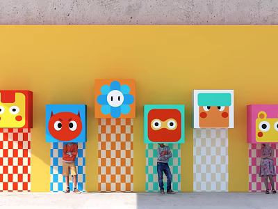 Colorful Cartoon Photo Check In Spot With Smiley Blocks Yellow Wall And Checkerboard Patterns 3d model