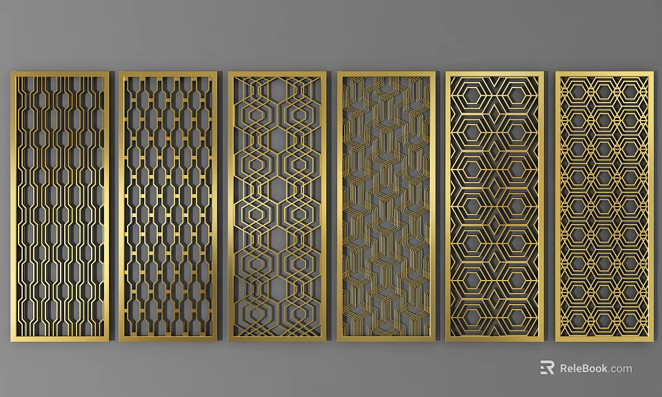 Elegant Modern Room Dividers With Gold Metal Frames And Geometric Patterns 3d model