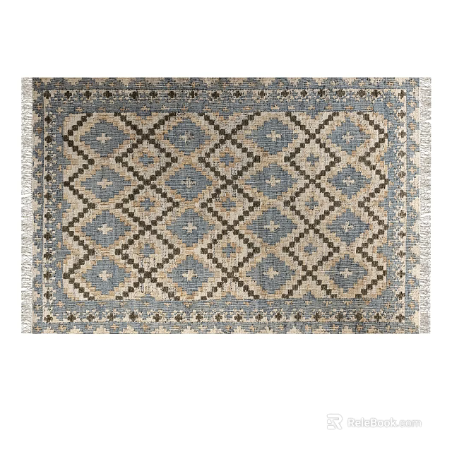 Square Rug With Traditional Geometric Diamond Star Pattern Blue Beige Fringe Edges 3d model 