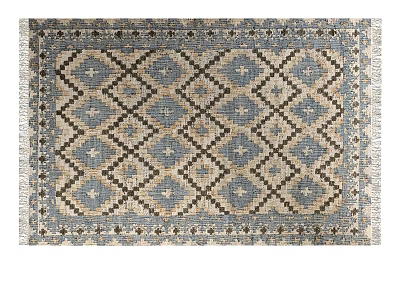 Square Rug With Traditional Geometric Diamond Star Pattern Blue Beige Fringe Edges 3d model