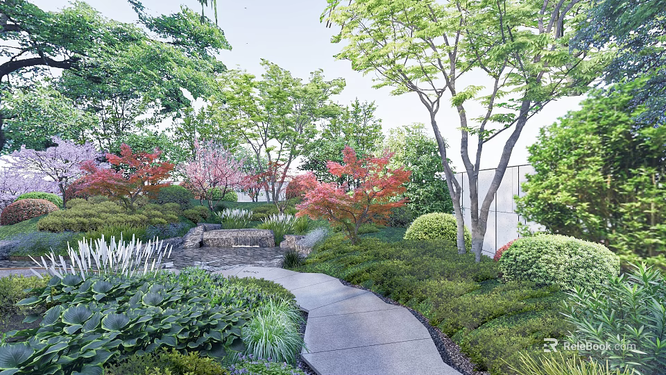 Garden Landscape Design With Various Trees Red Maple Green Shrubs Stone Pathway And Lawn 3d model 