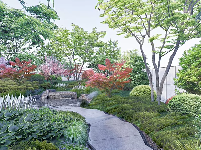 Garden Landscape Design With Various Trees Red Maple Green Shrubs Stone Pathway And Lawn 3d model