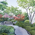 Garden Landscape Design With Various Trees Red Maple Green Shrubs Stone Pathway And Lawn