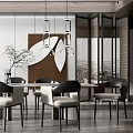 Modern Restaurant Interior With Dining Table Stylish Chairs Pendant Lights And Decorative Wall