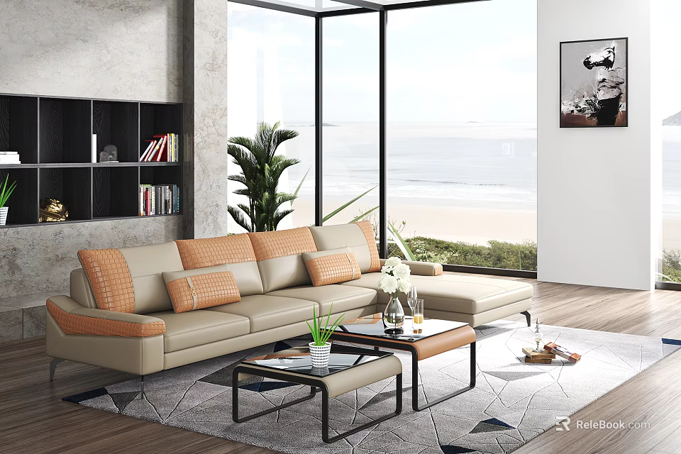 Beige Orange Sectional Sofa with Accent Pillows Ocean View Large Windows and Coffee Table 3d model