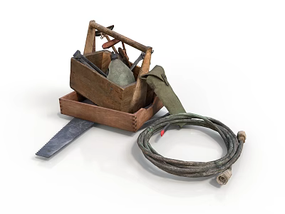 Essential Household Tools in Wooden Box with Saw Green Strap and Garden Hose 3d model
