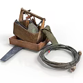 Essential Household Tools in Wooden Box with Saw Green Strap and Garden Hose