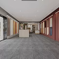 Spacious Exhibition Hall Showroom With Display Racks Wall Charts Chairs And Gray Tile Floor