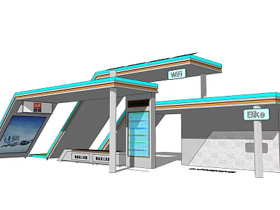 Modern Bike Station With Blue Roof Digital Information Screen And Waiting Area 3d model
