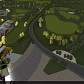 Amusement Park Landscape Featuring Various Rides Green Lawns Winding Paths And Trees