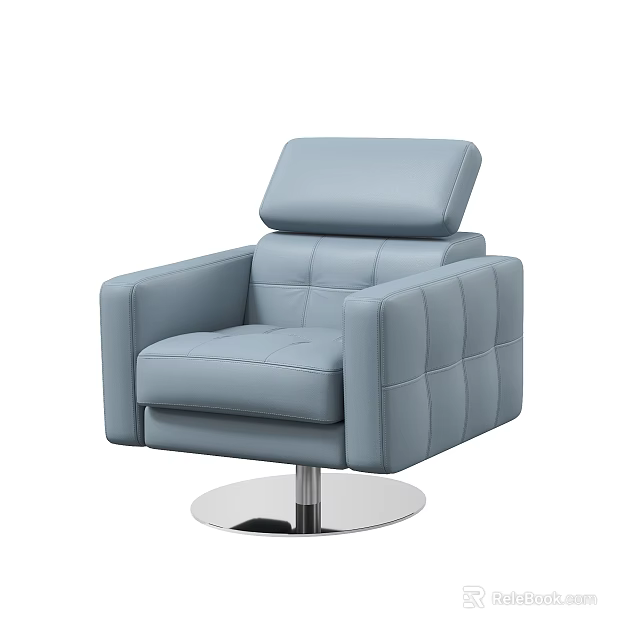 Modern Light Blue Leather Single Sofa With Square Tufted Design And Swivel Base 3d model