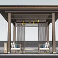 Chinese Style Pavilion With Decorative Roof Columns Seats And Reflective Floor
