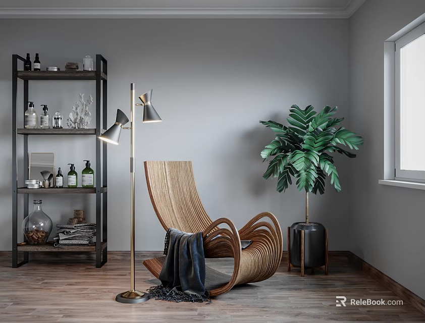 Curved Wicker Leisure Chair With Floor Lamp Large Green Plant Shelf And Wooden Floor 3d model 