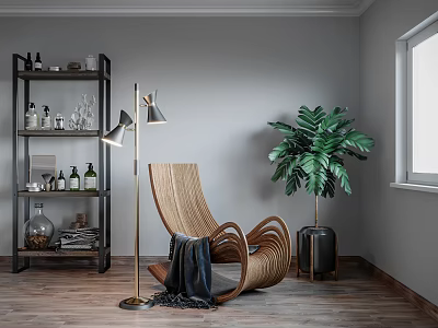 Curved Wicker Leisure Chair With Floor Lamp Large Green Plant Shelf And Wooden Floor 3d model