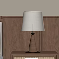 Wooden Table Lamp With Beige Lampshade On Wooden Nightstand Against Wooden Background Wall