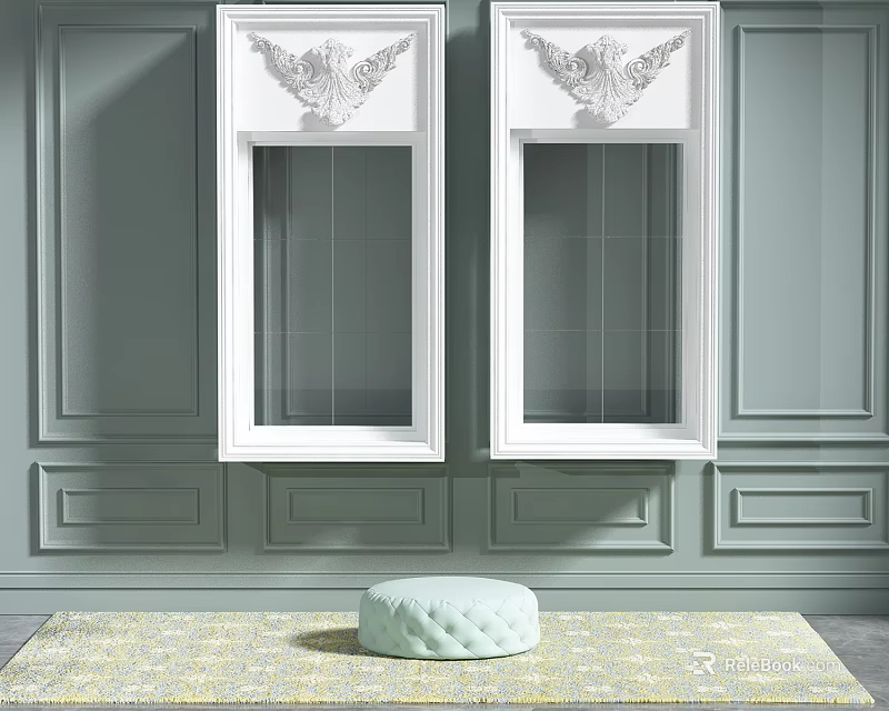 White Casement Windows On Gray Green Wall Panels With Carved Decorations And Light Green Stool 3d model 