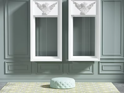 White Casement Windows On Gray Green Wall Panels With Carved Decorations And Light Green Stool 3d model