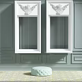 White Casement Windows On Gray Green Wall Panels With Carved Decorations And Light Green Stool