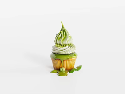 Matcha Cupcake With Green Swirled Cream And Matcha Drizzle On White Background 3d model