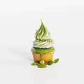 Matcha Cupcake With Green Swirled Cream And Matcha Drizzle On White Background