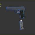 Silver Pistol Featuring Wooden Textured Grip And Magazine With Bullets On Gray Background