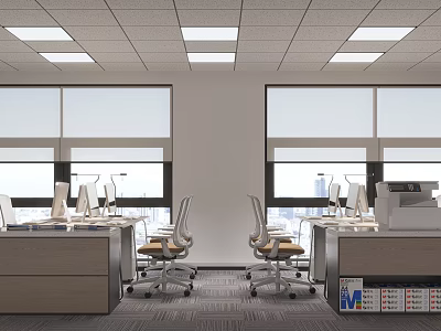 Public Office Space Interior With Office Desks Ergonomic Chairs Computers And Ceiling Lights 3d model